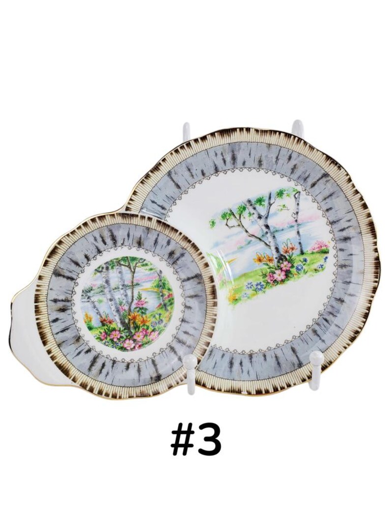 Puede incluir: Juego de servir de porcelana vintage de dos piezas. Los platos presentan una escena de paisaje con &aacute;rboles y flores. Los bordes tienen un patr&oacute;n gris y marr&oacute;n. El juego se exhibe en soportes blancos.