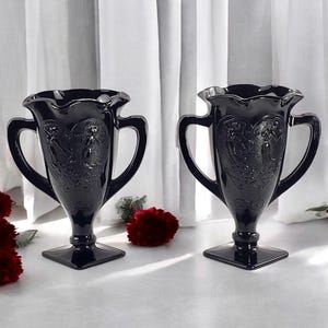 Vintage Black Amethyst Glass Double Handled Glass Vases/Urns - Set of 2