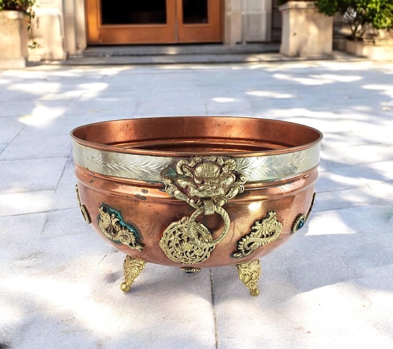 Vintage Large Copper Bowl Brass Footed With Dragon Motif - Etsy