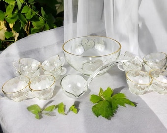 Vintage Anchor Hocking White Grape Leaf Motif 12 Cup Punch Bowl Set
