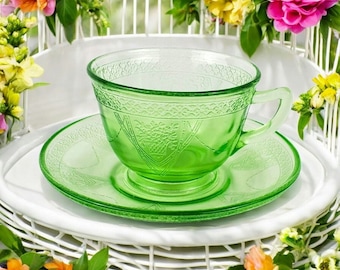 Vaseline Uranium Green Federal Glass Raindrops Cup and Saucer Set Etsy