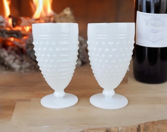 Vintage Hobnail Milk Glass Anchor Hocking Stemmed Goblets - Set of 2