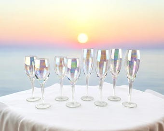 Vintage Toscany Hand Blown Iridescent Crystal Wine/Champagne Glasses - Sets of 4