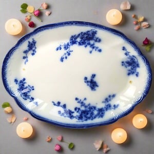 May include: A white oval serving platter with a blue floral pattern. The platter is surrounded by white candles and pink flowers.