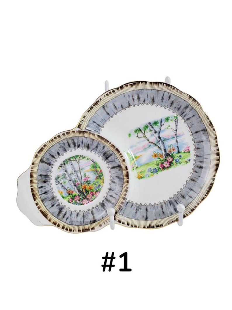 Puede incluir: Dos platos de servir vintage con un dise&ntilde;o de paisaje. Los platos tienen una base blanca con una escena pintada de &aacute;rboles, flores y una masa de agua. Los bordes son grises con un borde marr&oacute;n. El texto "#1" est&aacute; debajo.