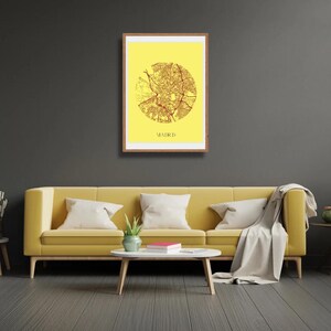 Affiche Carte de Madrid Minimaliste - Design Urbain Moderne dans un Cercle - Décoration Murale Capitale sur Fond Coloré