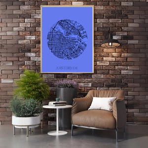 Affiche Carte de Amsterdam Minimaliste - Design Urbain Moderne dans un Cercle - Décoration Murale Capitale sur Fond Coloré