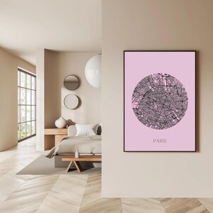 Affiche Carte de Paris Minimaliste - Design Urbain Moderne dans un Cercle - Décoration Murale Capitale sur Fond Coloré