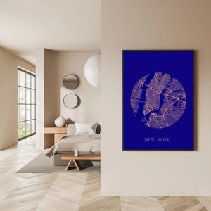 Affiche Carte de New York Minimaliste - Design Urbain Moderne dans un Cercle - Décoration Murale Capitale sur Fond Coloré