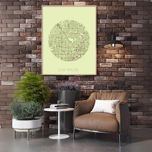 Affiche Carte de Las Vegas Minimaliste - Design Urbain Moderne dans un Cercle - Décoration Murale Capitale sur Fond Coloré