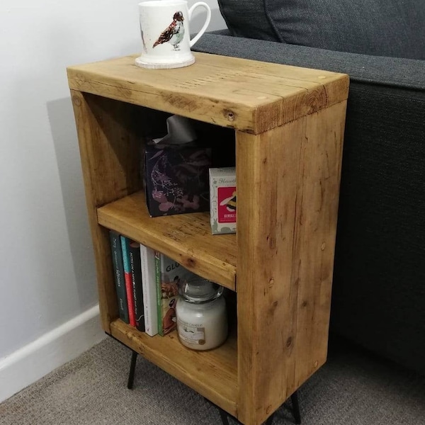 Small Rustic Reclaimed Bookshelf / Bedside Storage with Hairpin Legs. Coffee End Table. Bedside Table. Handmade in Wales.