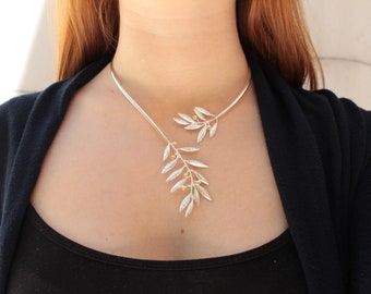 Art Nouveau Olive Leaves Cuff Necklace | 24k Gold Plated | Sterling Silver Jewelry | Ancient Greece Themed Design | Victory Symbol