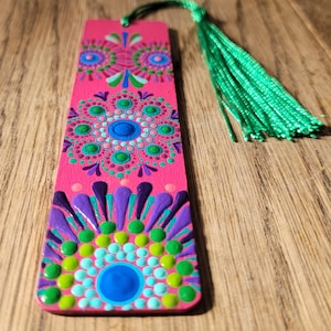 Wooden bookmark handpainted in a dot mandala style with tassle