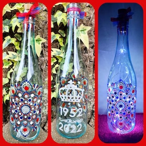Glass bottle light handpainted red, white, blue and silver dot mandala design; Queen Elizabeth ll remembrance