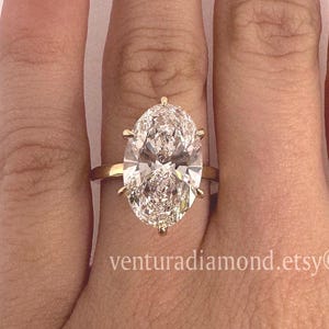 5.77 Carat Lab Grown Diamond Engagement Ring - Oval Cut Solitaire, Dainty Thin 6 Prong, 14k Yellow Gold Wedding Ring