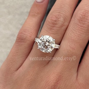 3 Carat Lab Grown Diamond Engagement Ring, F Color VVS2 IGI Certified, 18k White Gold, Three Stone Round Ideal Cut with Side Baguettes