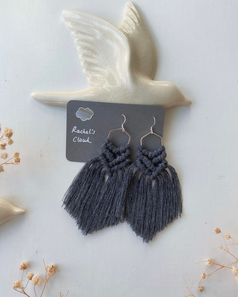Boho cotton hexagon Handmade Macrame earrings charcoal sterling silver