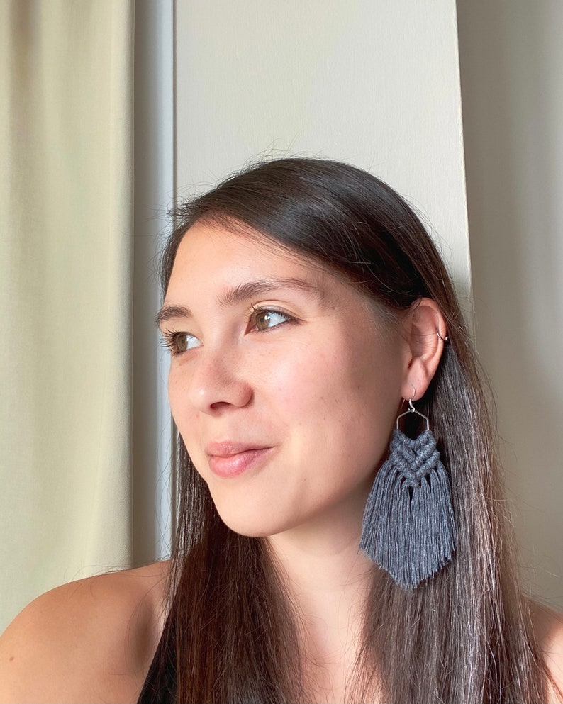Boho cotton hexagon Handmade Macrame earrings charcoal sterling silver