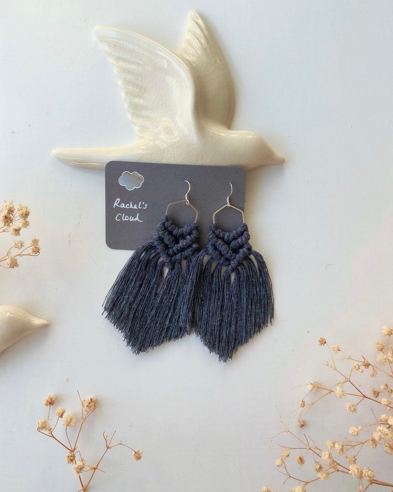 Boho cotton hexagon Handmade Macrame earrings charcoal sterling silver