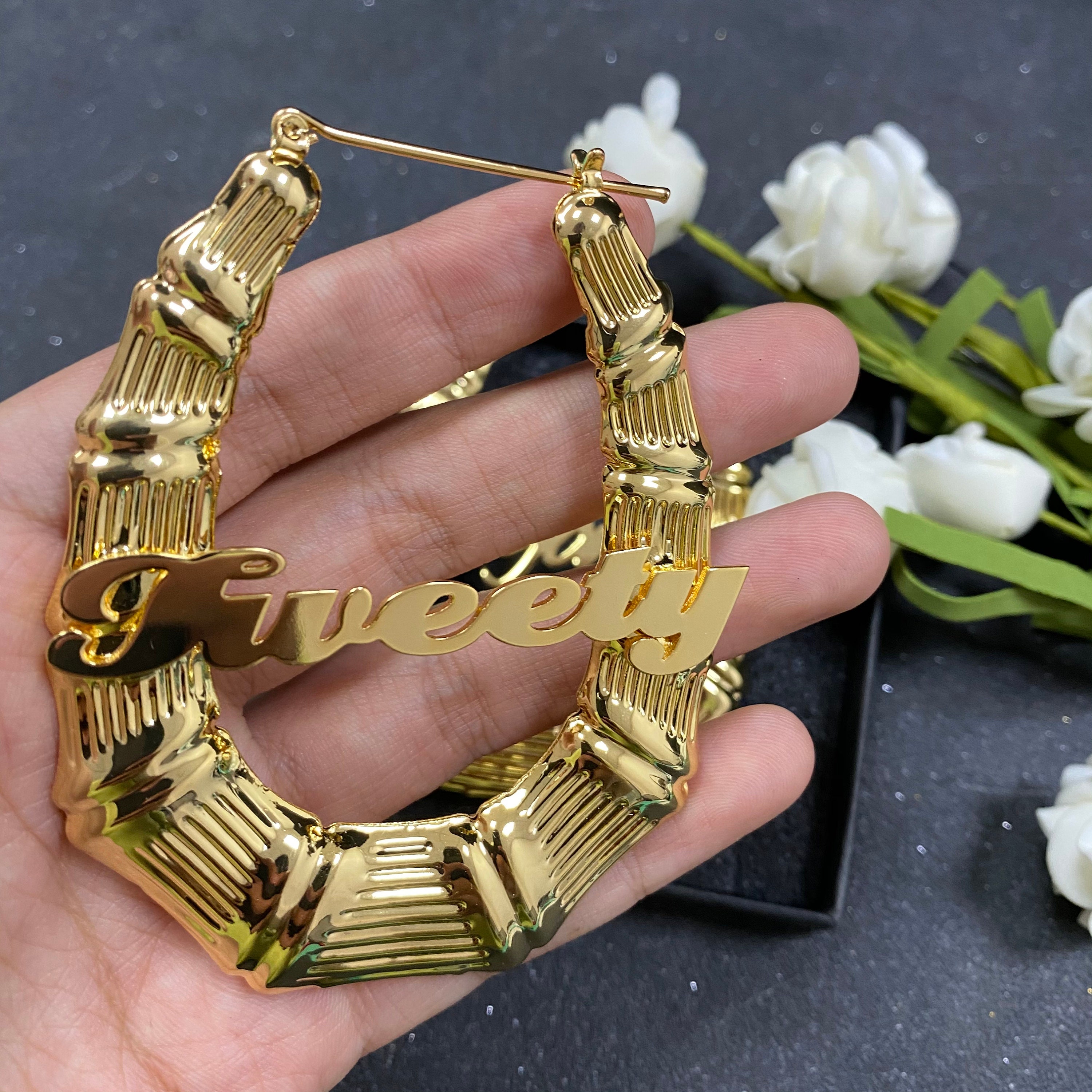 Custom Name Bamboo Earrings Customized Name Bamboo Earrings Etsy