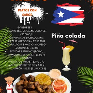 May include: A Spanish menu featuring appetizers and a Piña Colada drink. The menu includes dishes like "ALCAPURRIAS DE CARNE O JUEYES" and "EMPANADILLAS". The image also shows a plate of food and the flag of Puerto Rico.