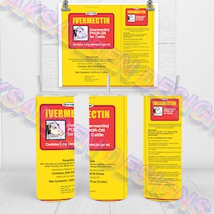 Può includere: Un bicchiere giallo con la scritta "IVERMECTIN (Ivermectina) POUR-ON per bovini". Il design include un rettangolo rosso con una grafica di mucca. Il bicchiere elenca anche il contenuto netto come 5 litri.