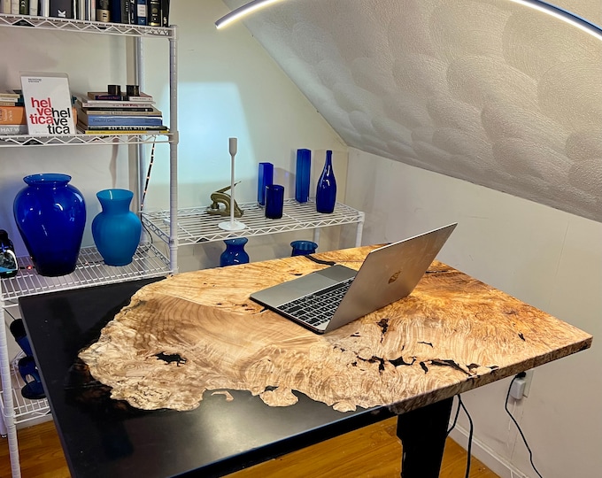 Smaller sit/stand desk or coffee table top, in Big Leaf Maple Burl and black river