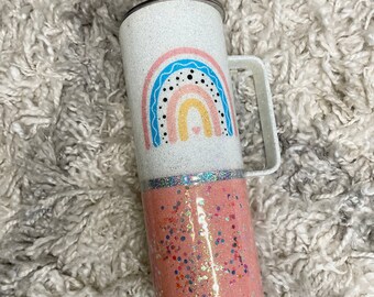 Rainbow glitter tumbler, glitter tumbler with handle, Valentine’s Day gift for girlfriend, birthday gift for mom, pink glitter tumbler