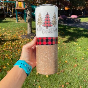 leopard print glitter ladies tumbler, Christmas tree tumbler, Christmas gift for sister, plaid tumbler, stocking stuffer for mom, travel mug