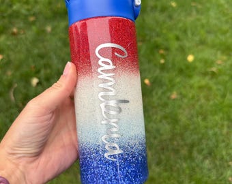 Ombré Glitter tumbler, kids water bottle personalized, birthday gift for daughter, red white and blue tumbler, back to school cup, USA cup