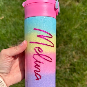 Rainbow Ombré Glitter tumbler, kids water bottle personalized, custom gift for daughter, birthday gift for niece, kids cup with straw