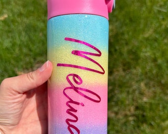 Rainbow Ombré Glitter tumbler, kids water bottle personalized, custom gift for daughter, birthday gift for niece, kids cup with straw