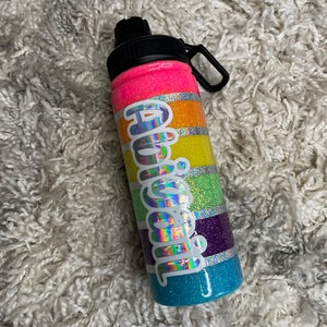 Personalized rainbow water bottle, custom sports bottle, glitter tumbler with name, birthday gift for teen girl, cheer cup