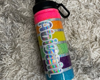 Personalized rainbow water bottle, custom sports bottle, glitter tumbler with name, birthday gift for teen girl, hydro sport bottle