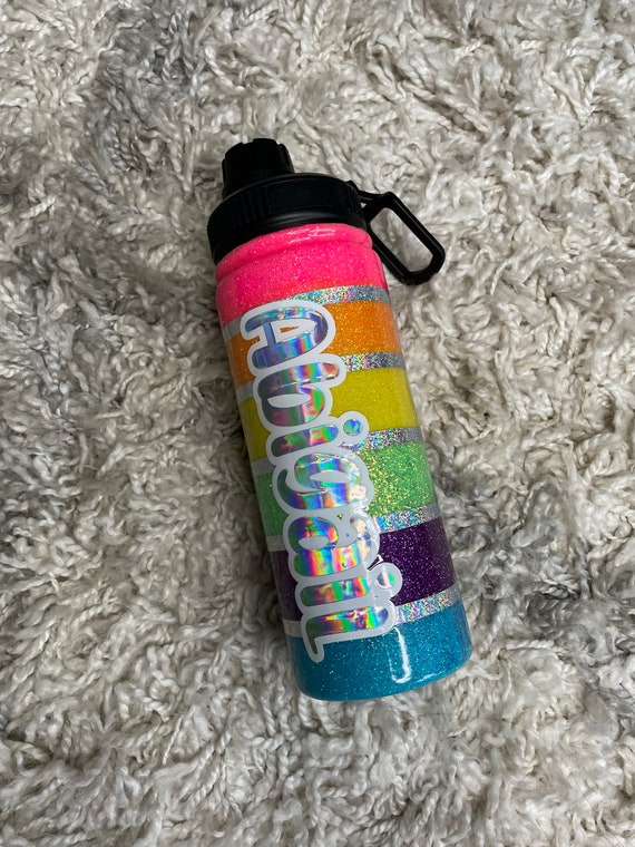 Personalized Rainbow Water Bottle, Custom Sports Bottle, Glitter Tumbler  With Name, Birthday Gift for Teen Girl, Hydro Sport Bottle 