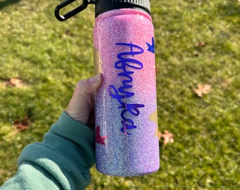 Glitter ombré water bottle, custom sports bottle, unicorn tumbler with name, birthday gift for girl, kids water bottle with rainbow