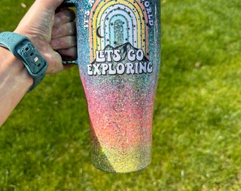 glitter tumbler with handle, Christmas gift for women, adventurer gift for best friend, travel lover gift, rainbow glitter tumbler with lid