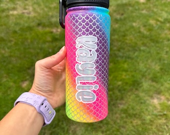 Personalized mermaid scales water bottle, custom sports bottle, glitter tumbler with name, birthday gift for teen girl, back to school cup