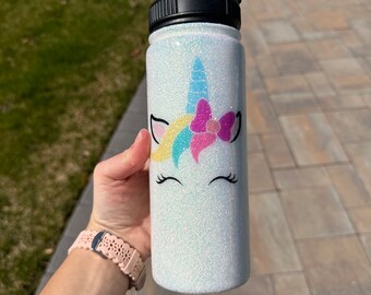 Glitter tumbler, kid water bottle, personalized water bottle, birthday gift for girl, unicorn tumbler, sports hydroflask, back to school cup
