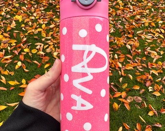 Glitter tumbler, personalized kids water bottle, birthday gift for girl, pink polka dot tumbler, kids cup with straw, unique gift for girl