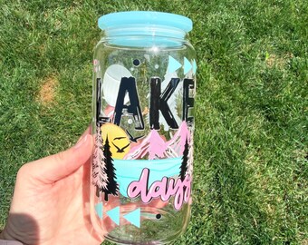 Lake life tumbler, summer glass can, lake lover gifts, glass can tumbler cup, vacation glass cups, glass can with lid, iced coffee glass