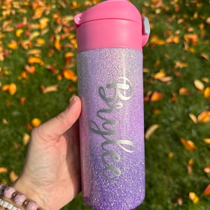 Kids Water Bottle Personalized, Insulated Thermal Mug with Popup Straw Lid,  Optional Carabiner Clip, 20oz