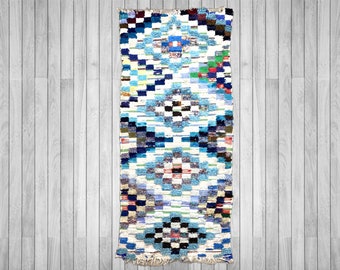 Gift for her Boucherouite rug Baby rug 3.1x7 ft, Blue Rug kilim rug Azilal, rug Moroccan rug old boucherouite, rug teppich boho rug