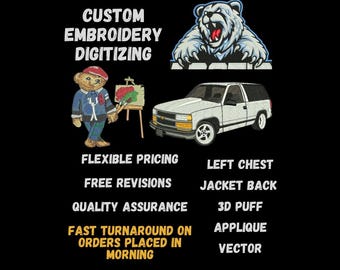 Custom Embroidery Logo & Image Digitizing Service, Machine Embroidery Designs and Patterns, DST PES EXP, Vector Files