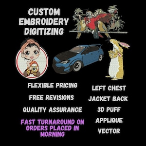 May include: Black graphic with the text "CUSTOM EMBROIDERY DIGITIZING". Includes embroidered images of a car, a cartoon character, a rabbit, and parrots. Additional text includes "FLEXIBLE PRICING", "FREE REVISIONS", and "QUALITY ASSURANCE".