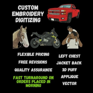 Serviço personalizado de digitalização de logotipos e imagens para bordados, arquivos para máquinas DST, PES e EXP, compatíveis com Brother, Baby Lock, Bernina e Tajima.