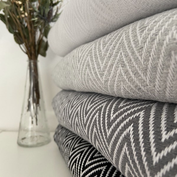 Light Grey Herringbone Soft Cotton Bedspread, Large Sofa Throw Blanket