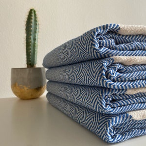 Blue Cotton Sofa Throw with Fine Herringbone Design, Sofa Blanket, Handwoven Throw, Throw Blanket