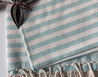 Striped Design Turquoise Hand Towel - Kitchen Towel - Bathroom Hand Towel - Cotton Towel