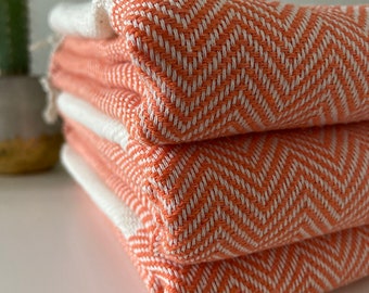 Orange Herringbone Cotton Sofa Throw: Handwoven Blanket